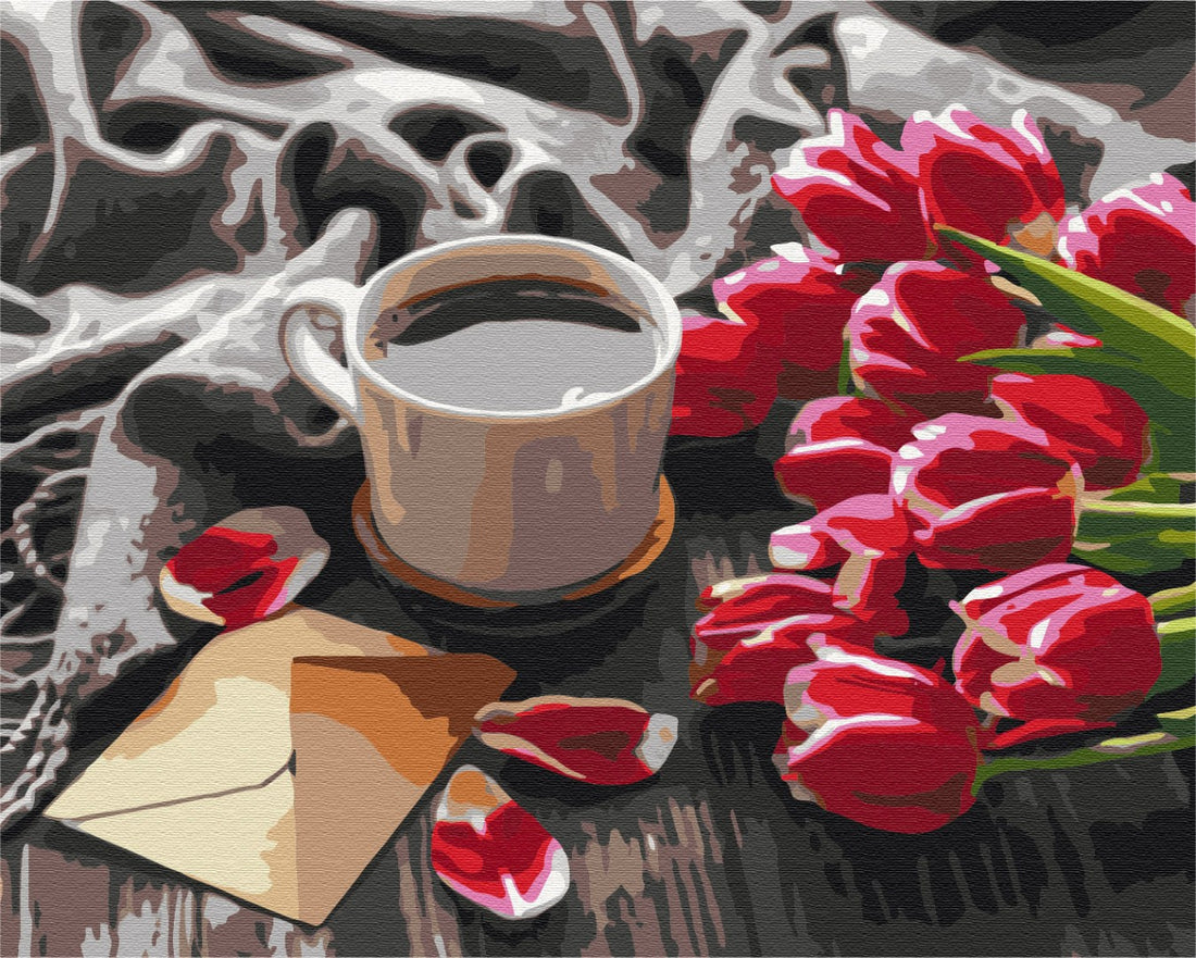 Malen nach Zahlen Motiv - Die Tulpen zum Kaffee