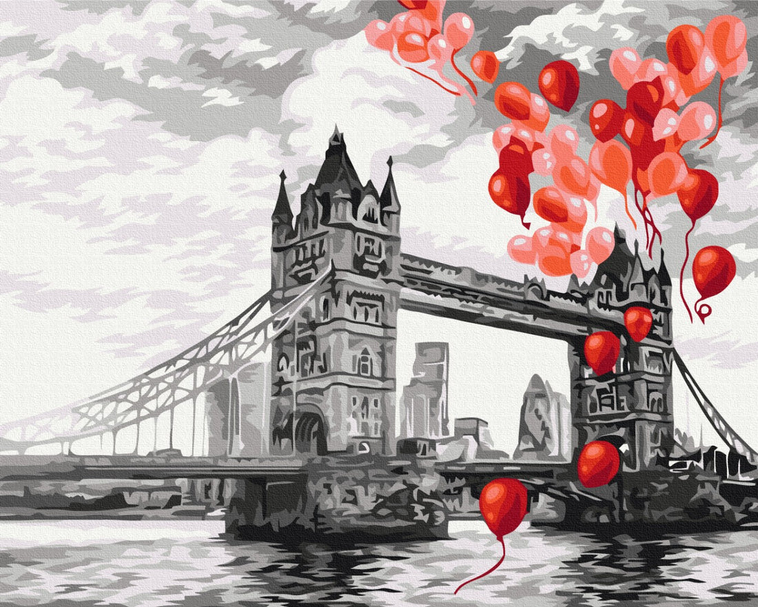 Malen nach Zahlen Motiv - Luftballons über der Tower Bridge