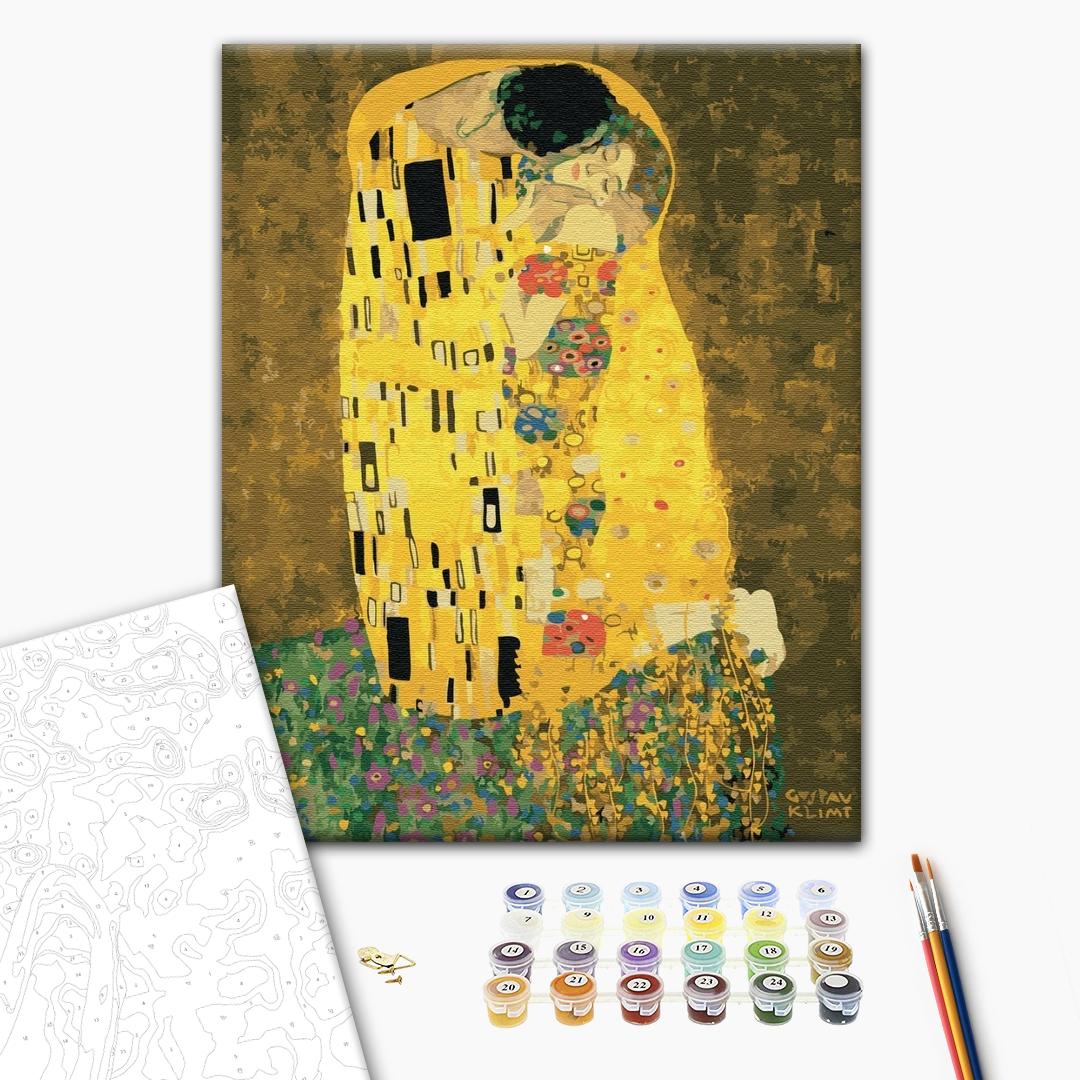 Der Kuss von Gustav Klimt - Malen nach Zahlen Bild auf Leinwand mit Pinseln und Farben