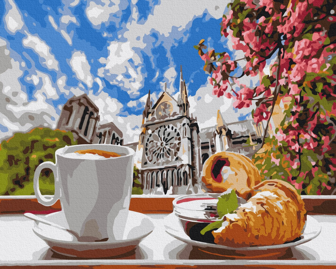 Malen nach Zahlen Motiv - Der Kaffee mit Croissant